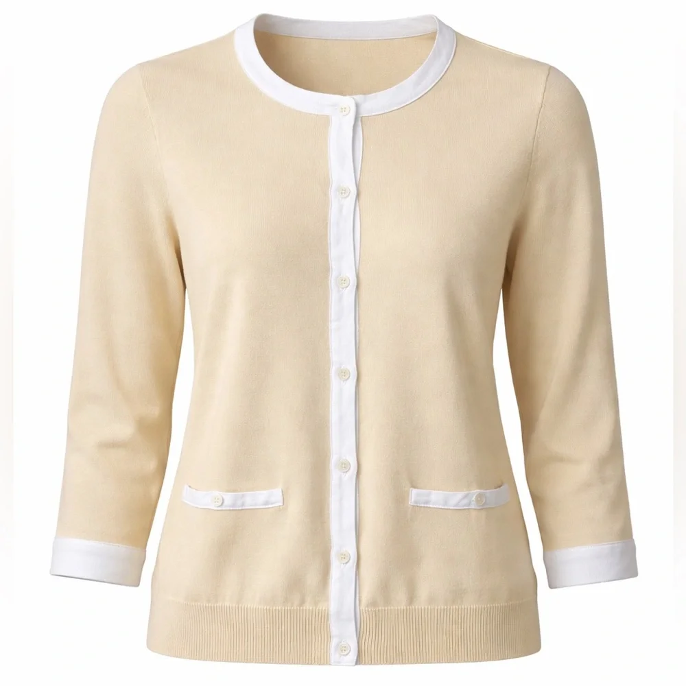 Lauren Ralph Lauren Beige Cream Chanel Style Cotton Cardigan Sweater, Size PM